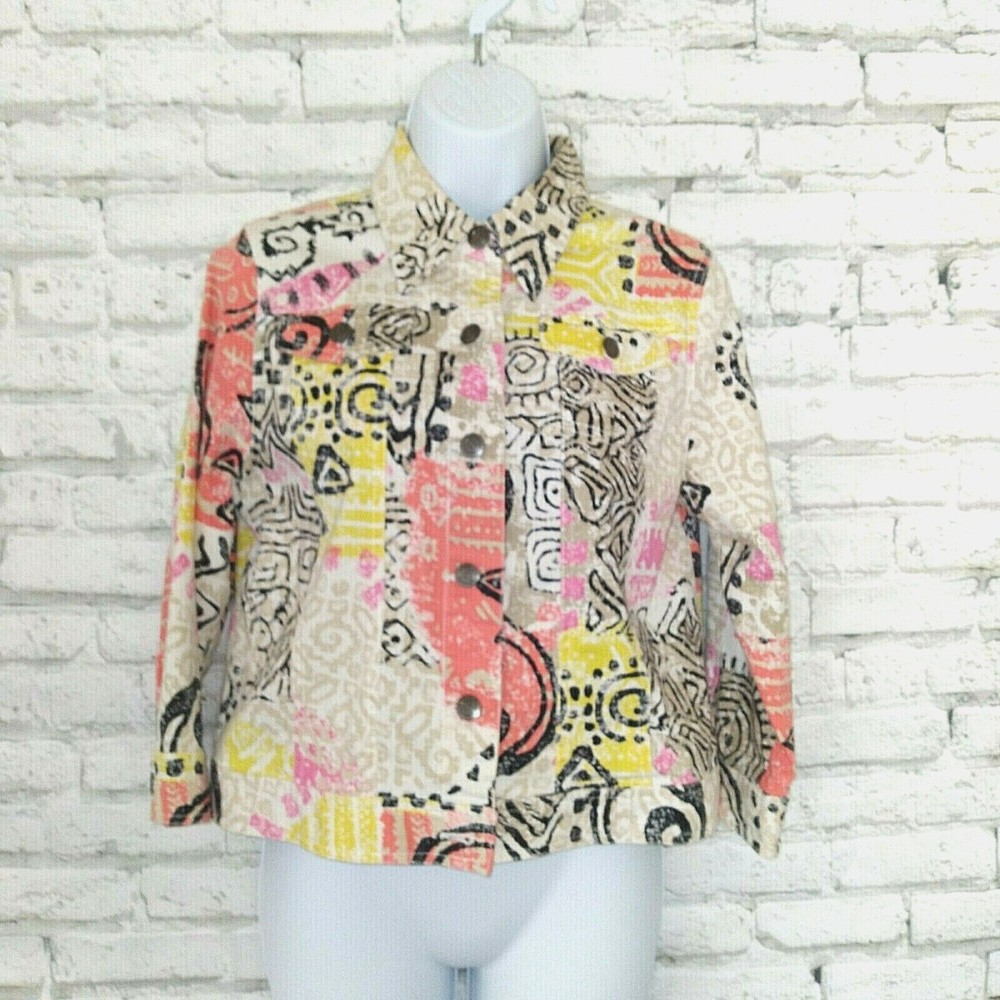 Lara Lane Jacket Womens Petite 8 Geometric Aztec Tribal Button Up Denim
